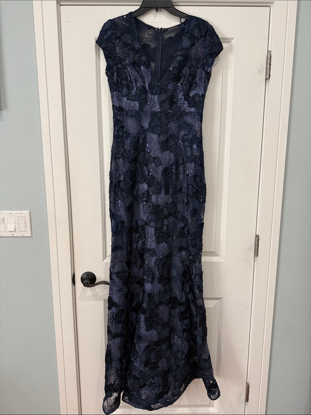 Betsy & Adam Navy Sequin Soutache Floral Mermaid Gown V-Neck Formal Dress